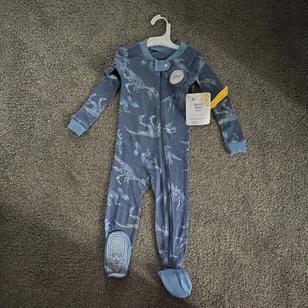 Burt's Bees Baby Blue Dinosaur Footed Zip Sleeper One Piece Cotton 18M NWT A5